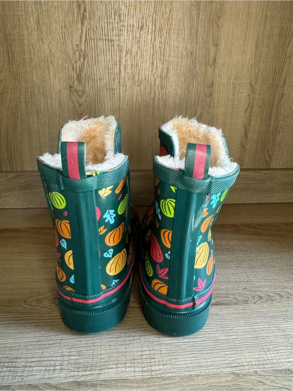 Lily & Dan Childrens Rain Boots SZ 13/1 Pumpkin Leaves Waterproof Faux Fur Linin